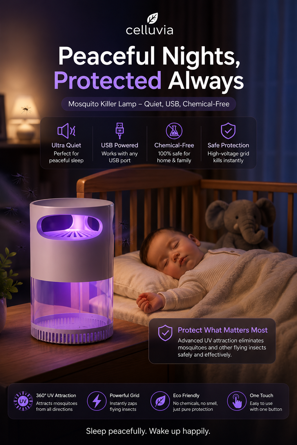 Celluvia™ Mosquito Killer Lamp – quiet, USB, chemical-free.