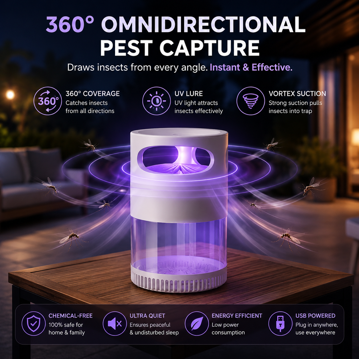Celluvia™ Mosquito Killer Lamp – quiet, USB, chemical-free.