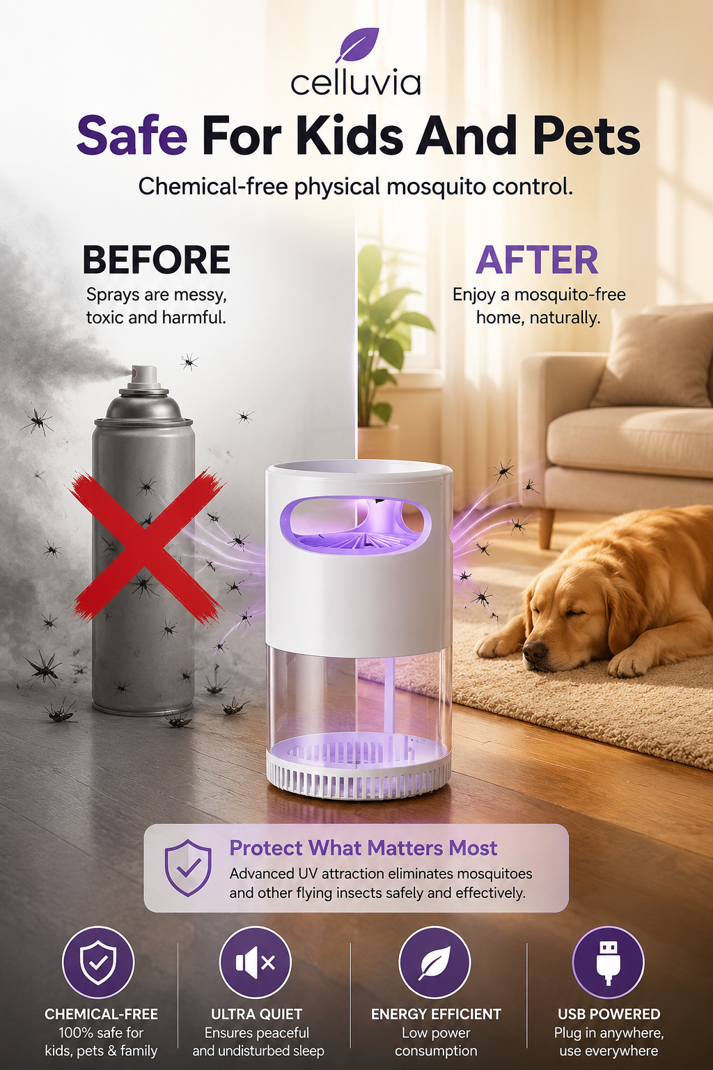 Celluvia™ Mosquito Killer Lamp – quiet, USB, chemical-free.