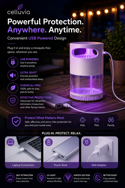 Celluvia™ Mosquito Killer Lamp – quiet, USB, chemical-free.