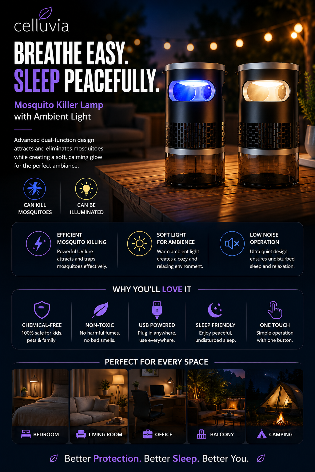 Celluvia™ Mosquito Killer Lamp – quiet, USB, chemical-free.